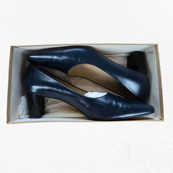 1990s Vintage Dark Navy Leather Square Toe Slip On Pump Block Heels Size 9.5 - Picture 8 of 10